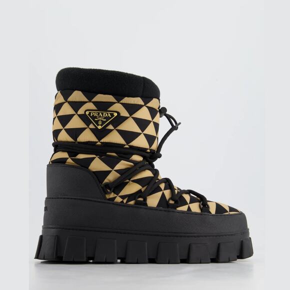 Prada Apres-Ski Boots Black & Brown Triangle Pattern Lug Sole - Picture 2 of 10